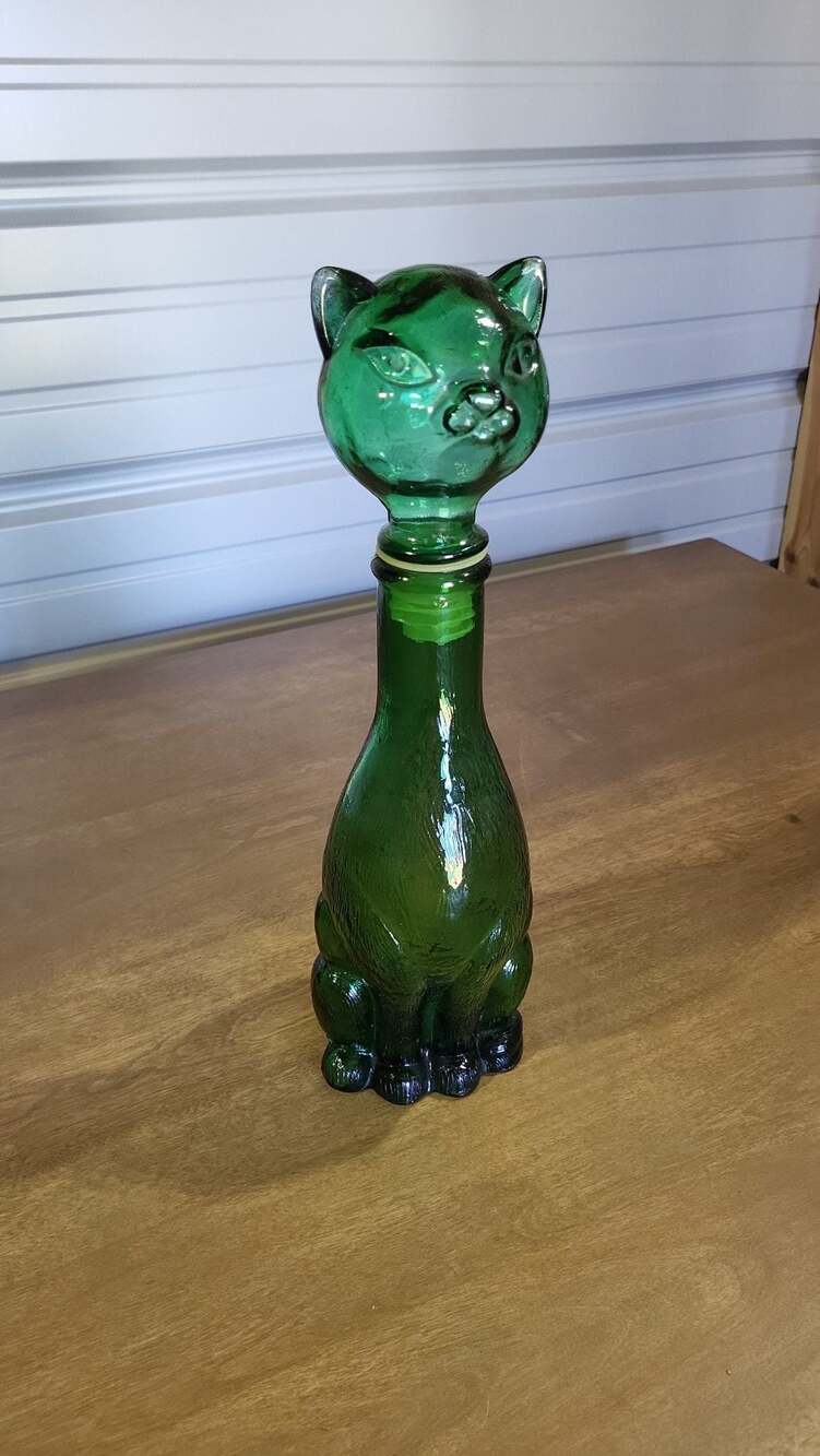 Vintage Norleans Green Glass Cat Decanter Bottle with Stopper Made in Italy